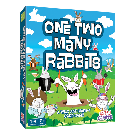 One Two Many Rabbits board game box with colorful cartoon rabbits on a bright blue sky and green grass background.