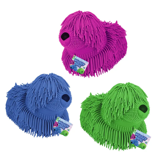 Wiggly Dog Mega trio of soft, squishy, furry dog toys in purple, blue, and green for play and stress relief.