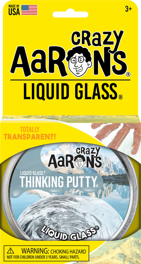 Crazy Aaron's Liquid Glass Crystal Clear Thinking Putty in tin with transparent putty inside packaging.