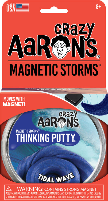 Crazy Aaron's Magnetic Storms Tidal Wave Thinking Putty in a tin with swirling blue magnetic putty inside.