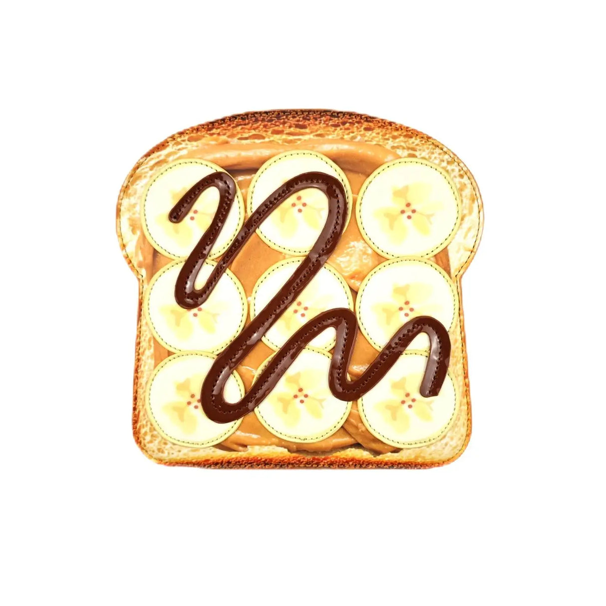 Handbag | Banana Peanut Butter Toast crossbody shaped like toast with banana slices and peanut butter swirl design.