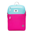 Backpack | Pink & Teal Color Block with padded straps, chest strap, laptop compartment, and water-resistant material.