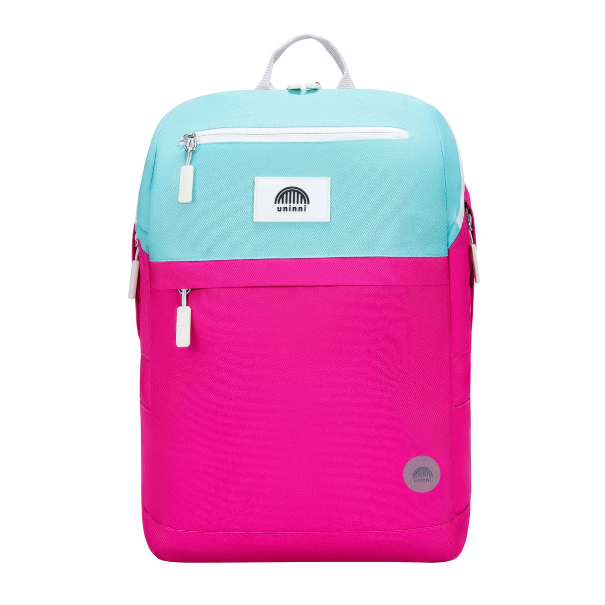 Backpack | Pink & Teal Color Block with padded straps, chest strap, laptop compartment, and water-resistant material.