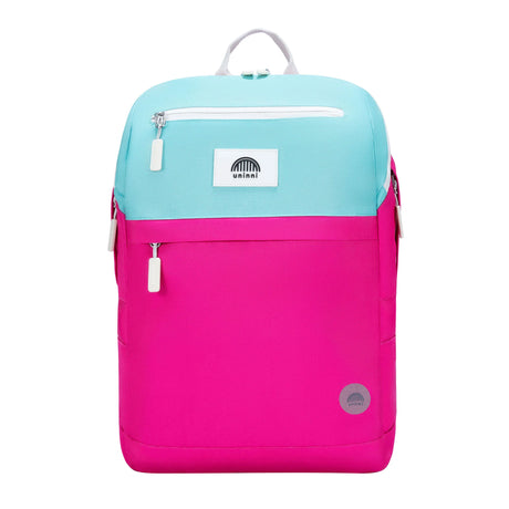 Backpack | Pink & Teal Color Block with padded straps, chest strap, laptop compartment, and water-resistant material.