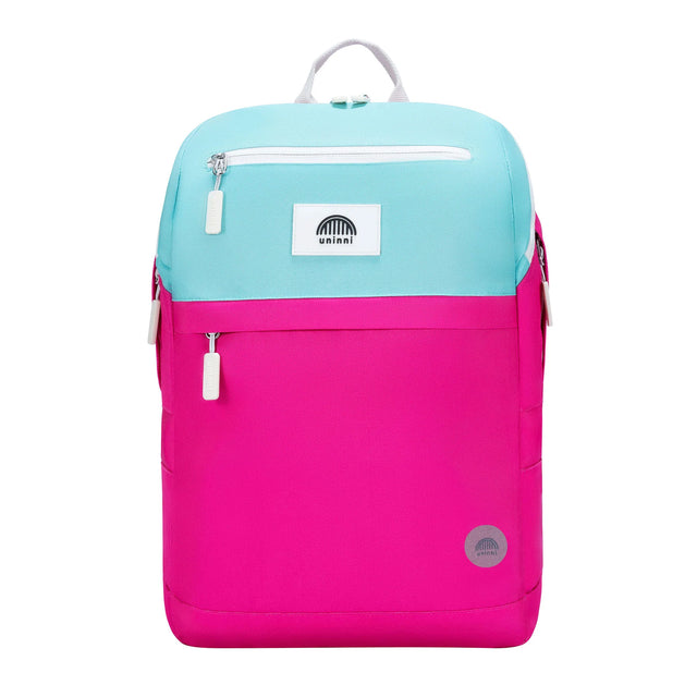 Backpack | Pink & Teal Color Block with padded straps, chest strap, laptop compartment, and water-resistant material.