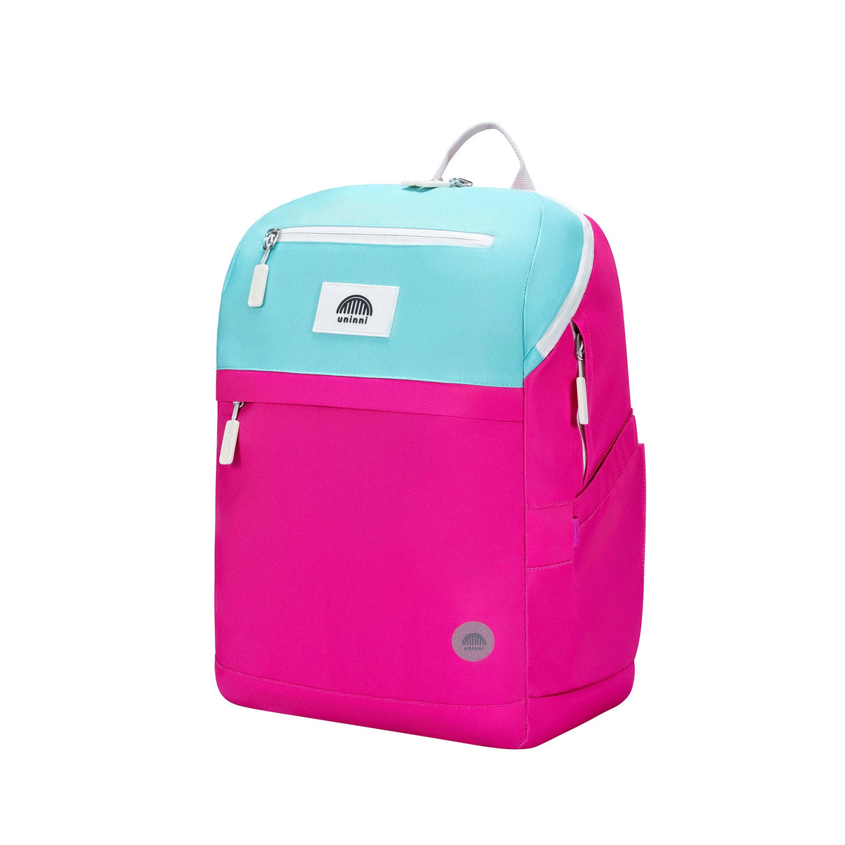 Backpack | Pink & Teal Color Block with padded straps, adjustable belts, water-resistant material, and laptop compartment.