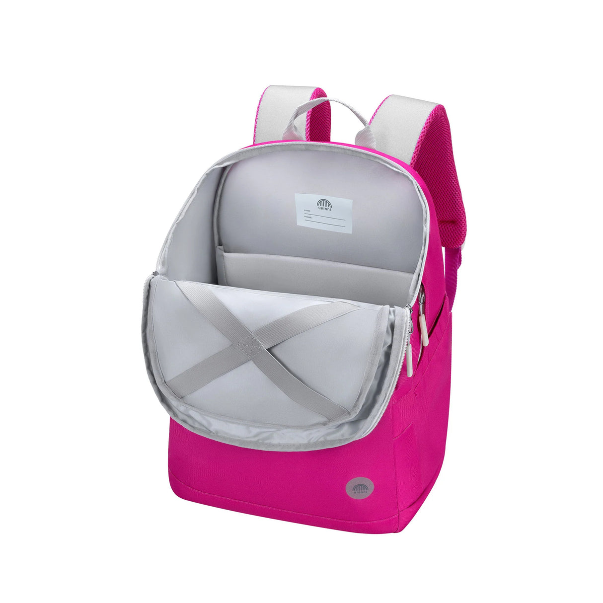 Backpack | Pink & Teal Color Block with padded compartments and adjustable straps shown open for storage organization.