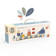 Packaging of Ocean Stacking Train toy featuring colorful wooden ocean-themed blocks on a pull-along train for toddlers.