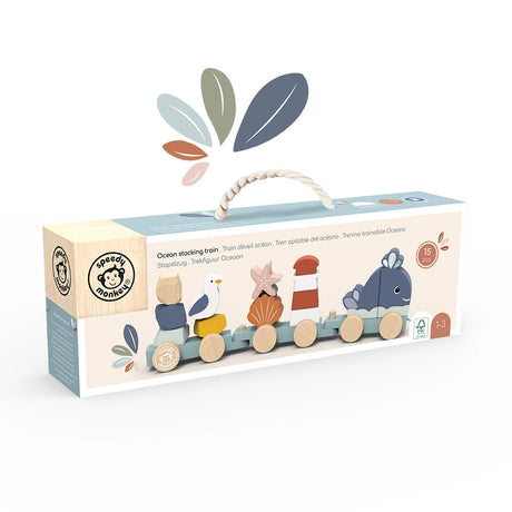 Packaging of Ocean Stacking Train toy featuring colorful wooden ocean-themed blocks on a pull-along train for toddlers.