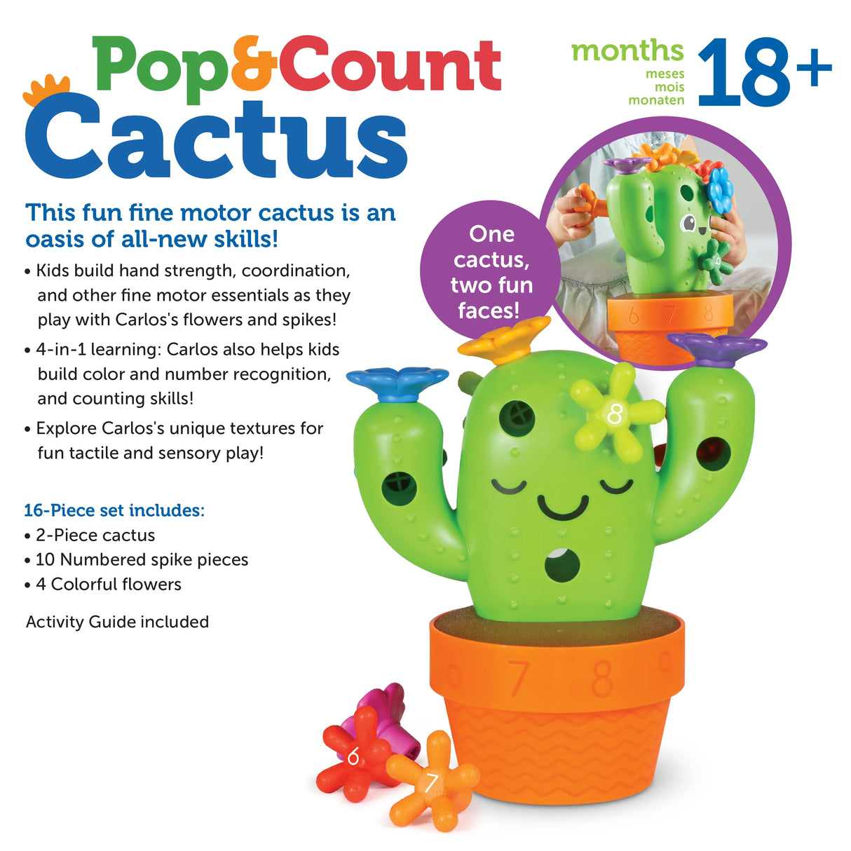 Carlos the Pop & Count Cactus toy with colorful flowers and numbered spike pieces for fine motor skill development.