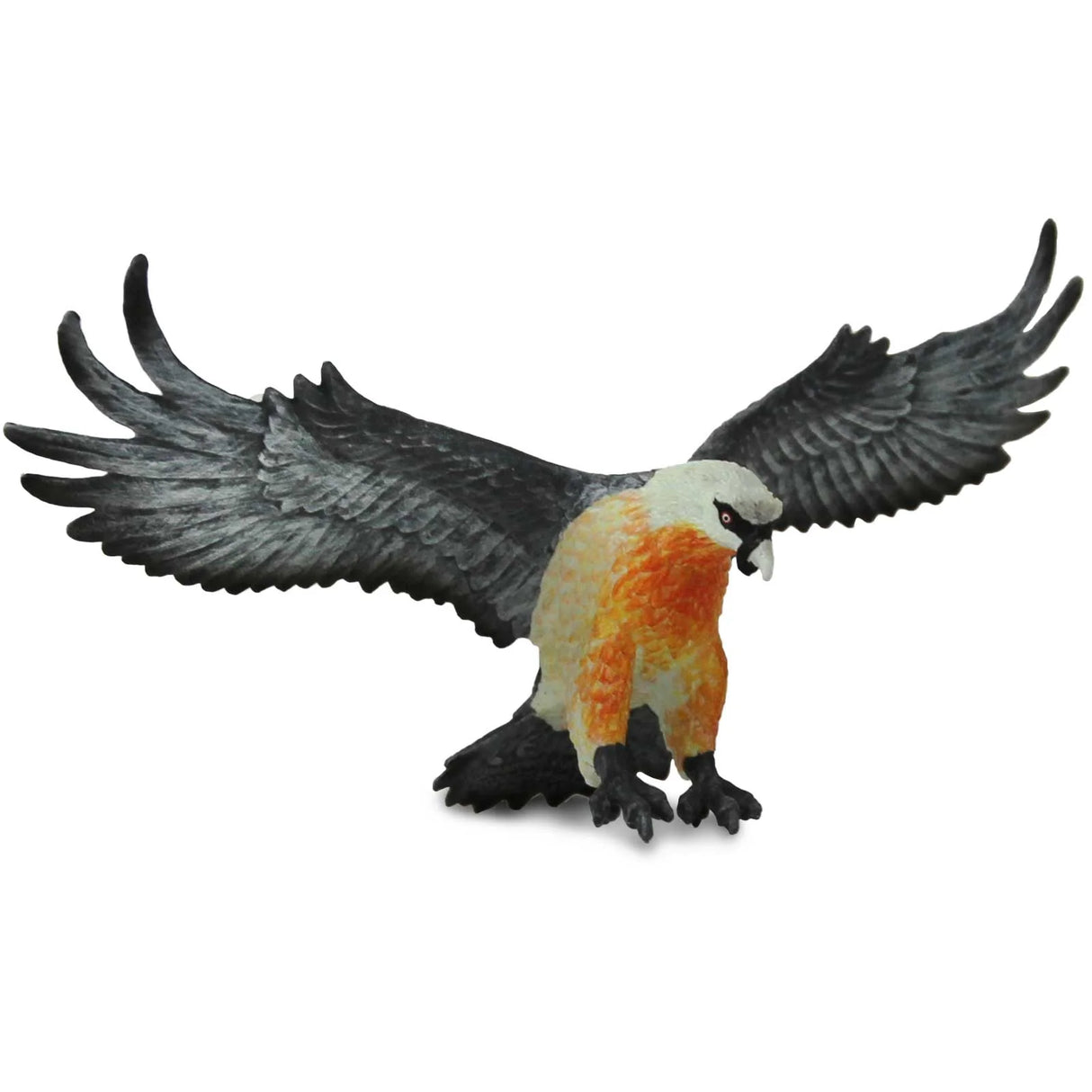 Bearded Vulture toy figure in flying pose with gray wings, cream body, orange chest, and black facial feathers.
