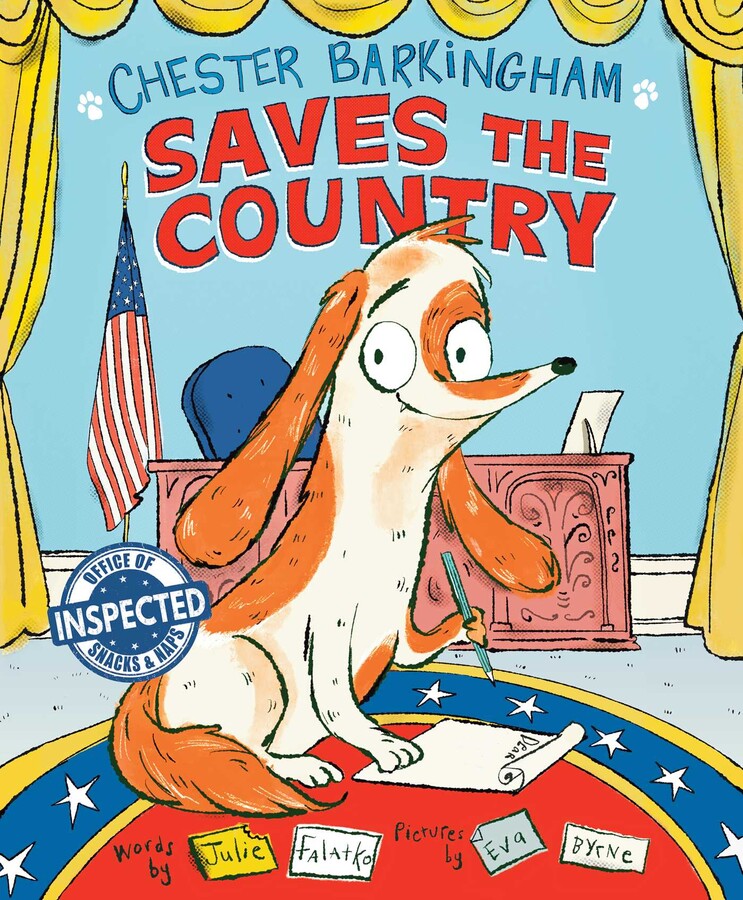 Chester Barkingham Saves the Country book cover with a dog in the Oval Office writing a memo at his desk.