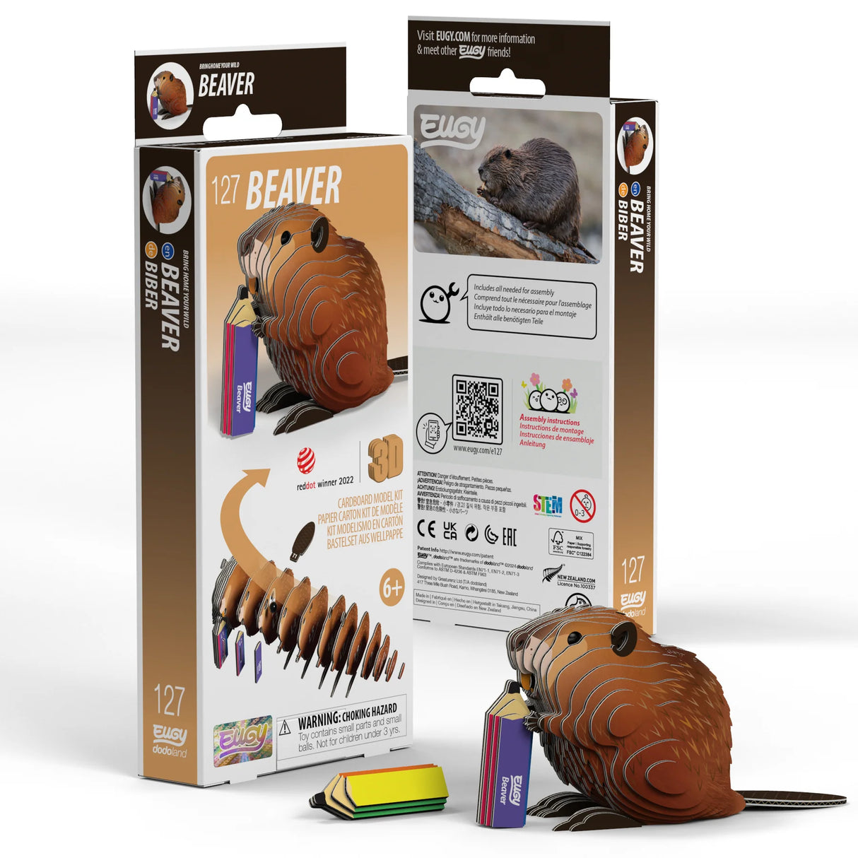 EUGY | Beaver 3D puzzle with eco-friendly materials, featuring a stylized beaver holding a pencil, ideal for kids 6+.