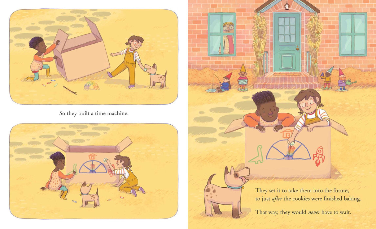 Illustration from Cookie Time showing two kids building a cardboard time machine with their dog outside a brick house.