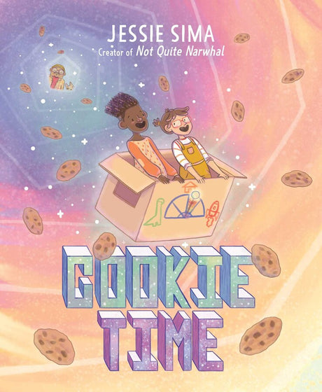 Cookie Time book cover by Jessie Sima showing two kids in a time machine box surrounded by floating cookies.