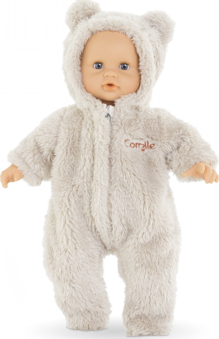 12in Teddy Bear Bunting on a baby doll, soft and huggable outfit with bear ears for 12 inch doll.