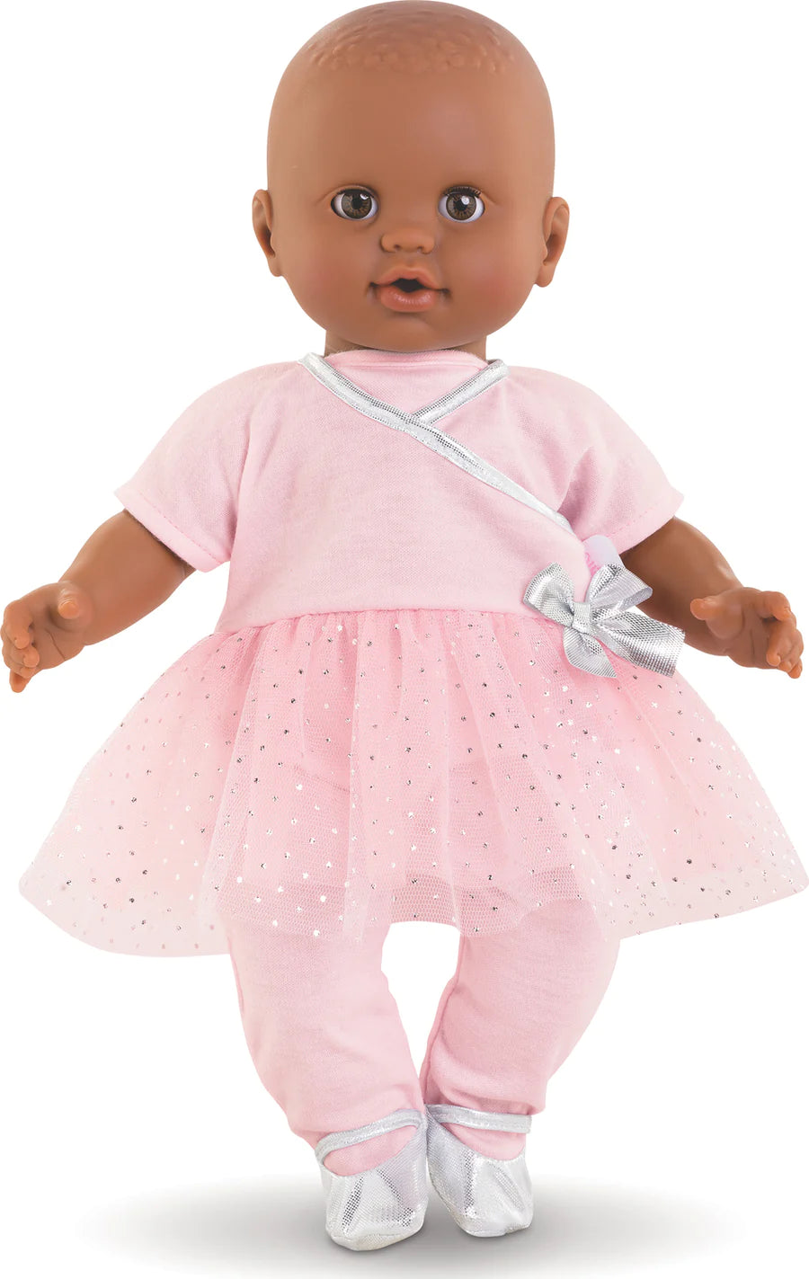 14in Sport Dance Set featuring a soft pink dress with silver accents designed for 14-inch dolls.