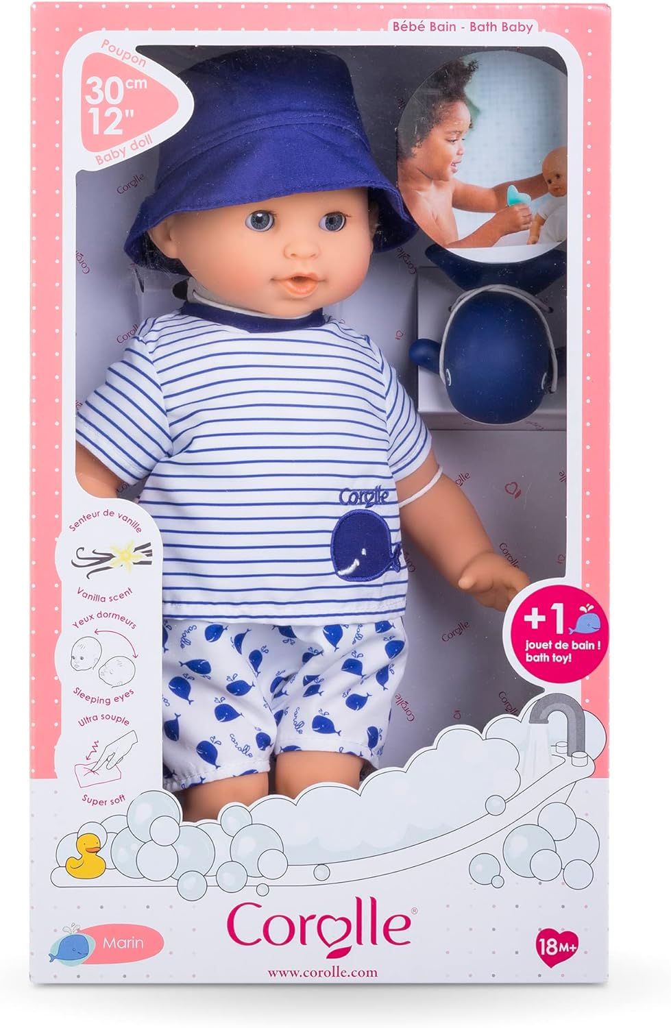 Bath Baby Marin doll in striped shirt and whale print shorts, perfect for water play and cuddling.