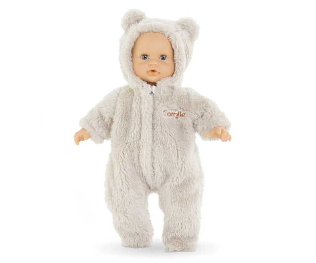 14in Teddy Bear Bunting soft furry outfit for 14" dolls with hood and bear ears, perfect for cozy doll play.
