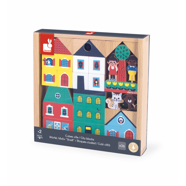 Crossroads City Building Blocks wooden set with colorful houses, characters, and animals for creative town building.