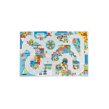 Crossroads City Play Mat featuring colorful streets, buildings, vehicles, and playful urban scenes for kids aged 2 and up.
