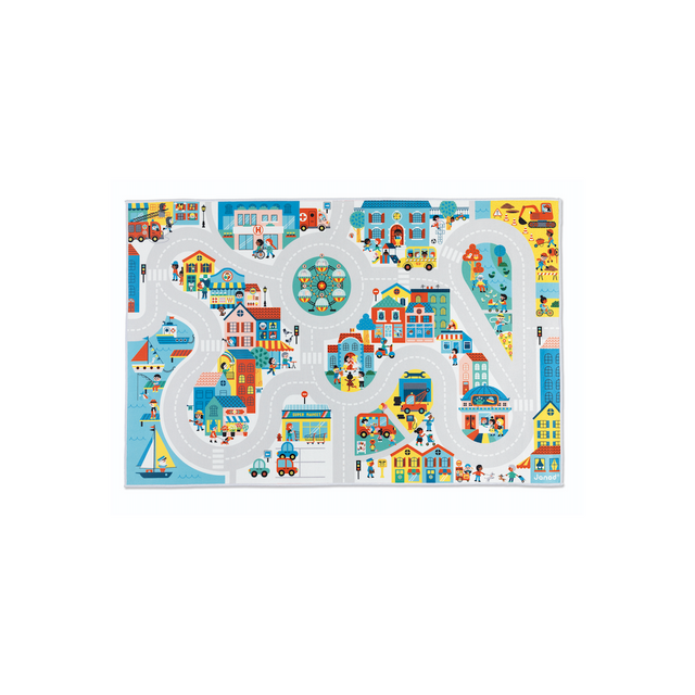 Crossroads City Play Mat featuring colorful streets, buildings, vehicles, and playful urban scenes for kids aged 2 and up.