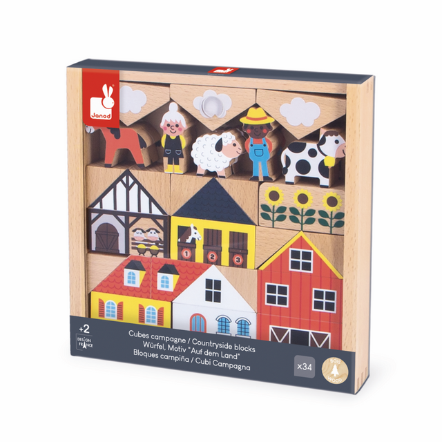 Crossroads Countryside Building Blocks wooden farm set with 34 pieces including houses, animals, and characters for ages 2+