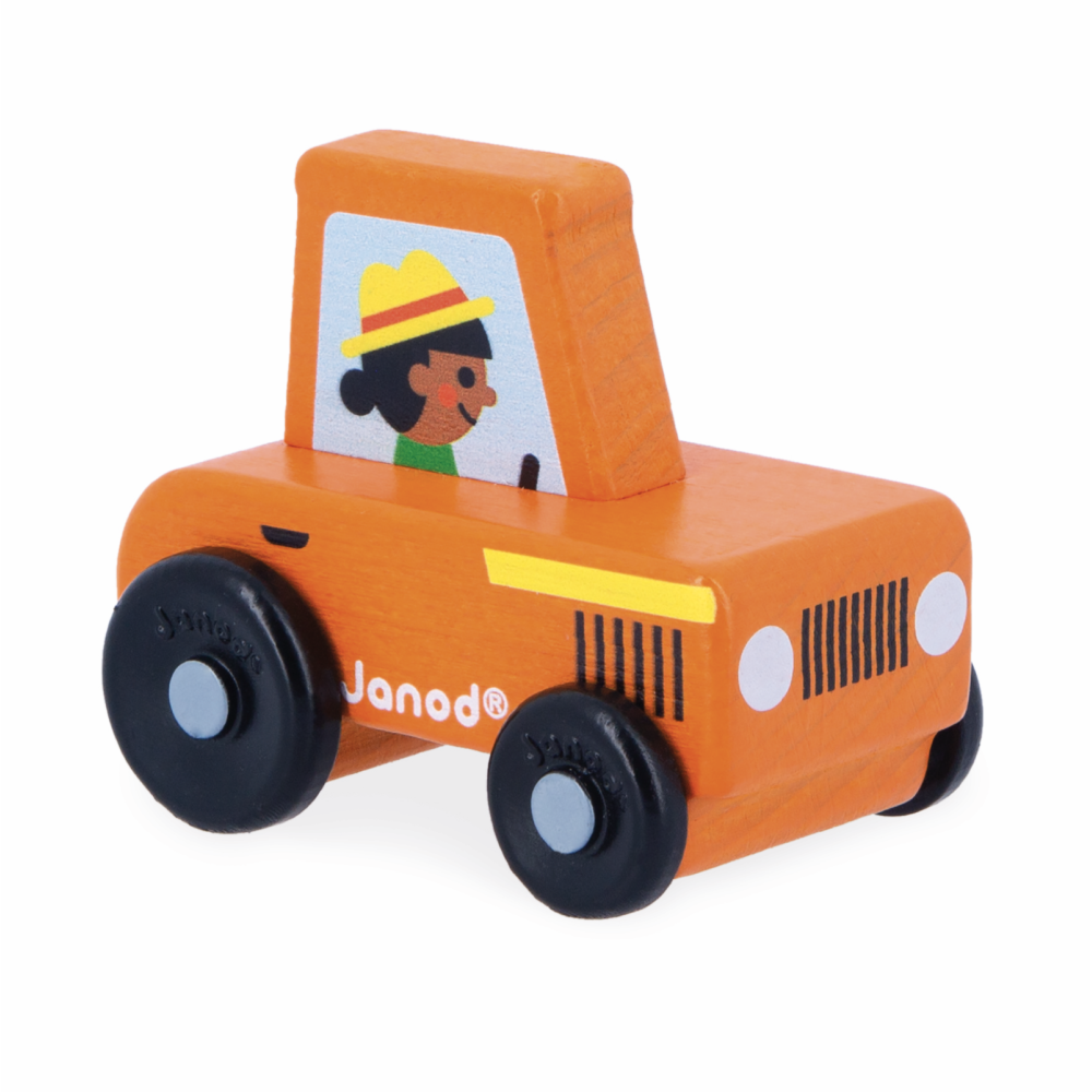Crossroads Countryside Orange Tractor wooden toy for toddlers with black wheels and farmer illustration on the side.