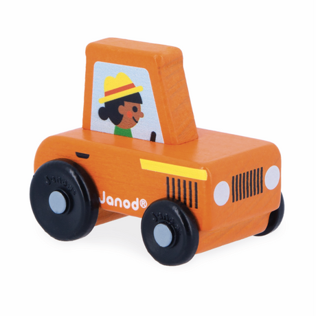 Crossroads Countryside Orange Tractor wooden toy for toddlers with black wheels and farmer illustration on the side.