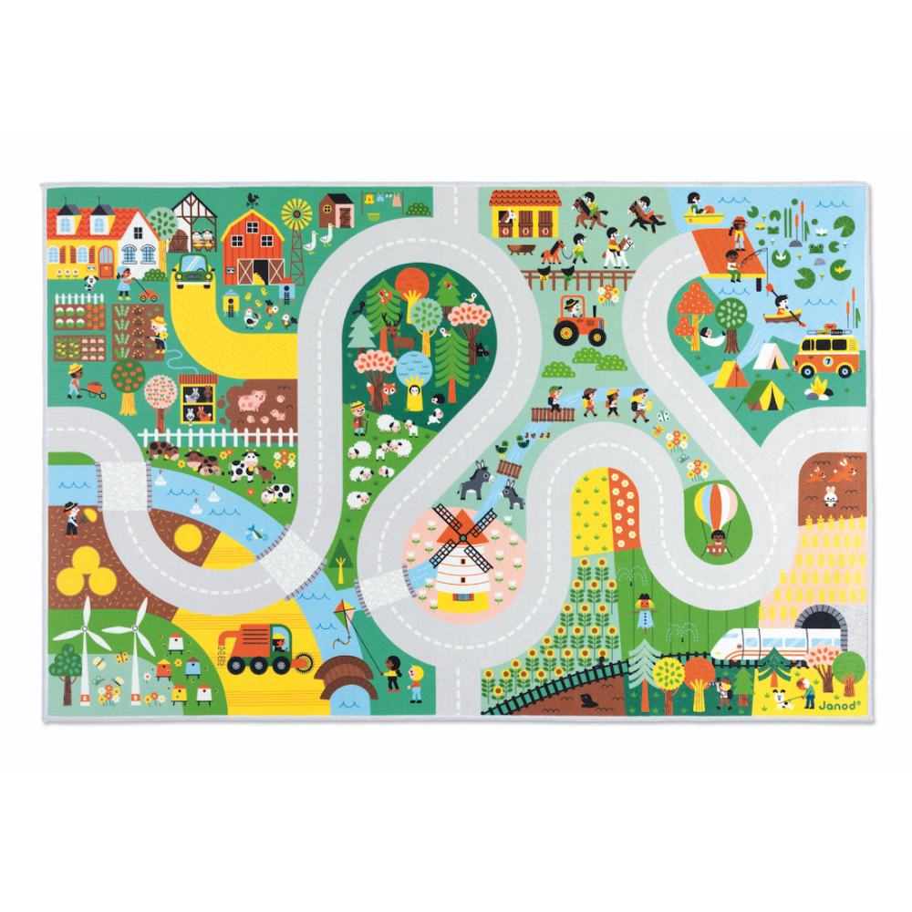 Crossroads Countryside Play Mat featuring a countryside road, farm, forest, animals, and a riding school for imaginative play.