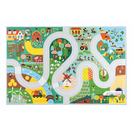Crossroads Countryside Play Mat featuring a countryside road, farm, forest, animals, and a riding school for imaginative play.