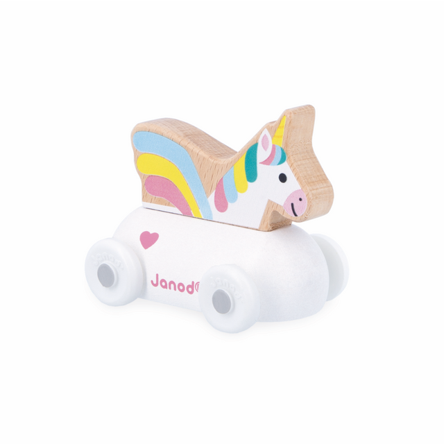 Crossroads Enchanted Kingdom Unicorn wooden toy car with multicolored mane, designed for children aged 12 months and over.