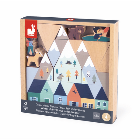 Crossroads White Valley Building Blocks set with 35 wooden pieces including cubes and animal figures for creative play.