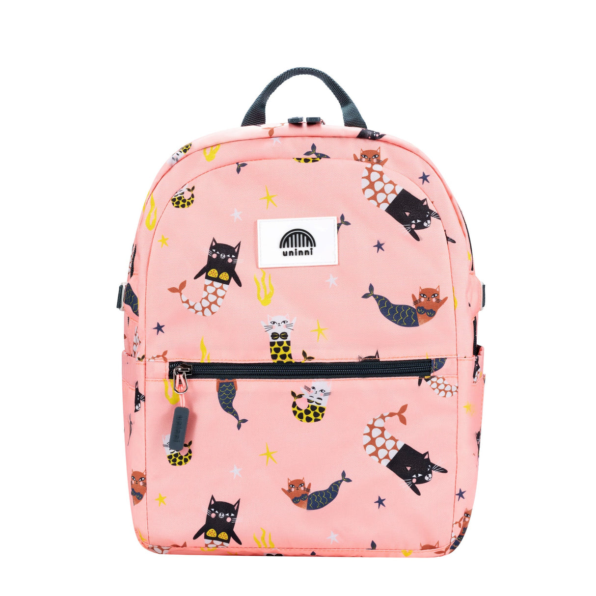 Ethan Backpack | Swimming Mercats kids backpack in pink with cat and mermaid print, padded straps, and front zipper pocket.