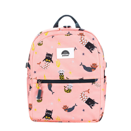 Ethan Backpack | Swimming Mercats kids backpack in pink with cat and mermaid print, padded straps, and front zipper pocket.