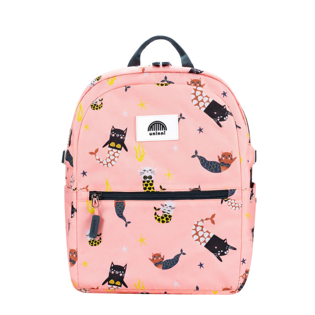 Ethan Backpack | Swimming Mercats kids backpack in pink with cat and mermaid print, padded straps, and front zipper pocket.