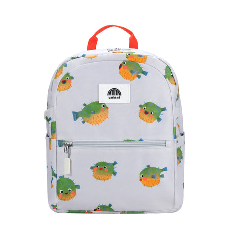 Ethan Backpack | Pufferfish with colorful pufferfish print, front zipper pocket, and orange top handle for kids.