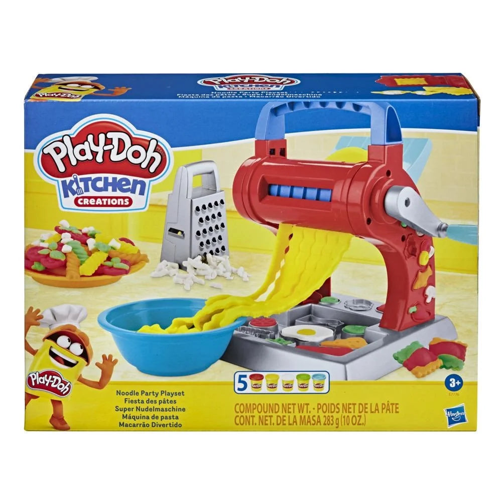 Play Doh Noodle Party Play Set with dual rollers, pasta molds, cheese grater, and 5 colorful Play-Doh compounds.