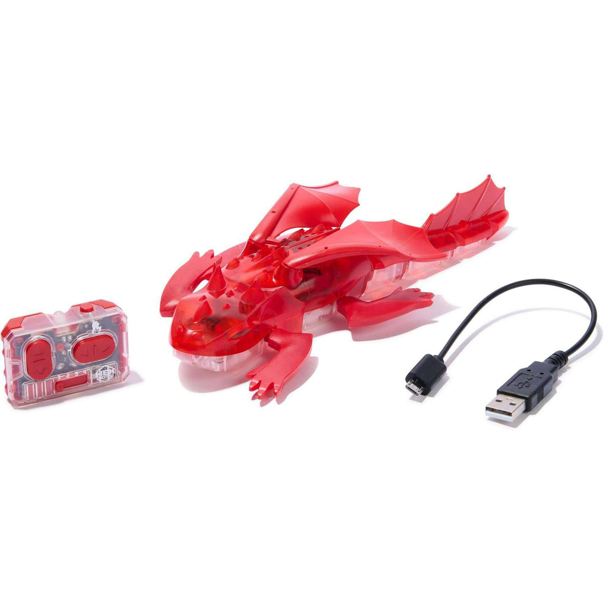 Hex Bots RC Dragon in red with remote control and USB charging cable for flexible, LED-lit robotic dragon play.