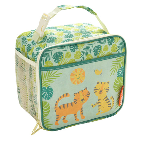 Insulated lunch tote with playful tiger cubs and tropical leaf pattern, perfect for kids and on-the-go meals.