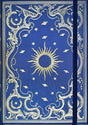 Blue celestial journal with gold sun design and ornate borders secured by a matching elastic band on cover.