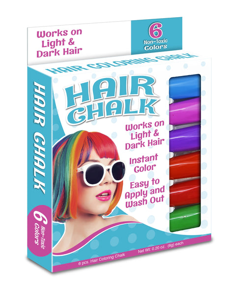 Hair Chalk hair coloring chalk with non-toxic colors, works on light and dark hair, easy to apply and wash out, 6 colors.