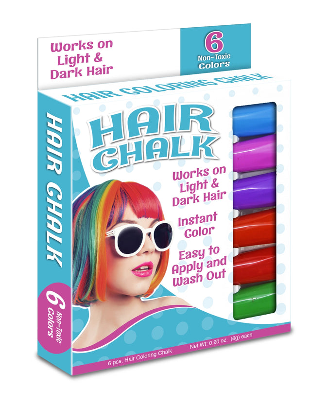 Hair Chalk hair coloring chalk with non-toxic colors, works on light and dark hair, easy to apply and wash out, 6 colors.