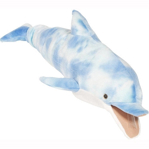 Blue Dolphin Puppet soft toy with movable mouth, realistic blue and white design, perfect for aquatic play and collection.