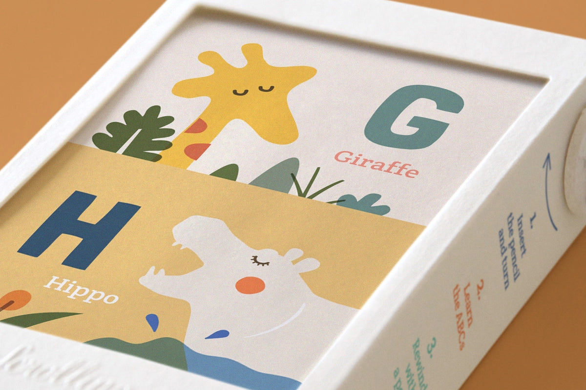 Scrollino ABC Learning Book packaging showing colorful giraffe and hippo alphabet cards for kids 3 to 8 years old.
