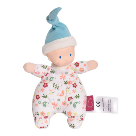Precious Doll | Light Skin baby doll with natural rubber head, soft floral bodysuit, and blue cotton hat, 7 inches tall.