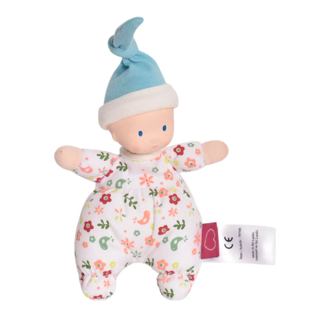 Precious Doll | Light Skin baby doll with natural rubber head, soft floral bodysuit, and blue cotton hat, 7 inches tall.
