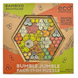 Hexagonal bamboo puzzle with colorful bee-shaped pieces and honeycomb patterns in eco-friendly packaging for ages 8 and up