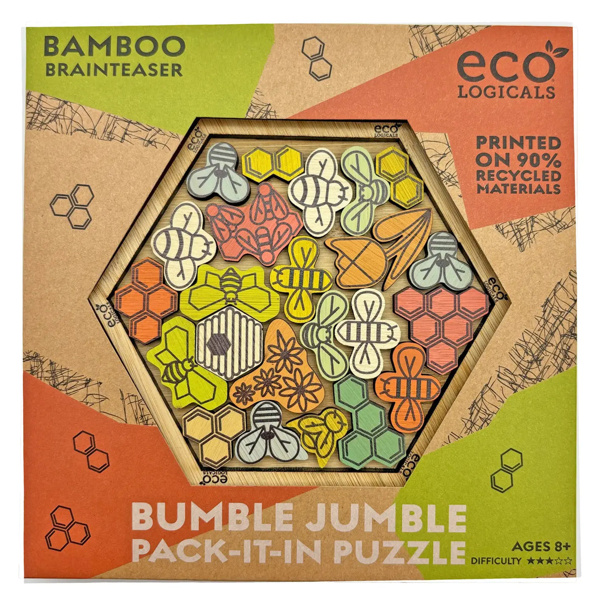 Hexagonal bamboo puzzle with colorful bee-shaped pieces and honeycomb patterns in eco-friendly packaging for ages 8 and up