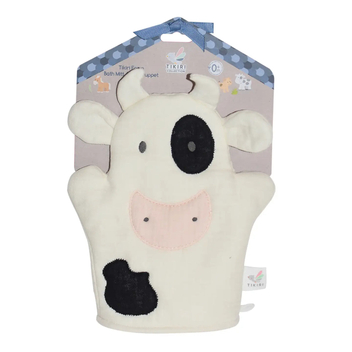 Farm Bath Mitt | Cow soft cotton muslin baby bath mitt with embroidered cow design and puppet use for ages 0+ months.